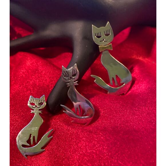 Mexico Sterling Silver Cat Brooch and Earrings - Picture 1 of 4